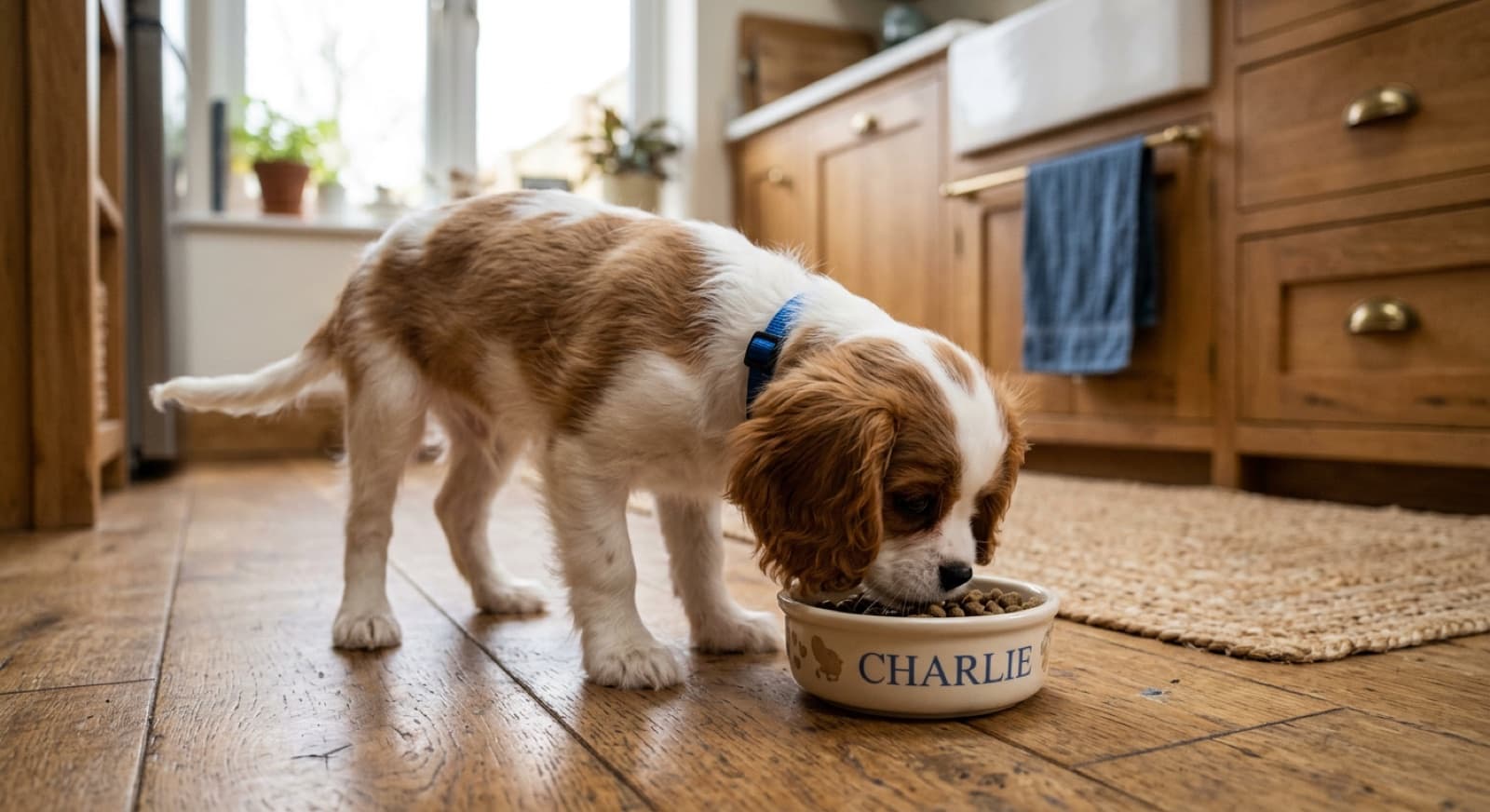 Cavalier King Charles Spaniel puppy eating from a bowl on a home kitchen floor
