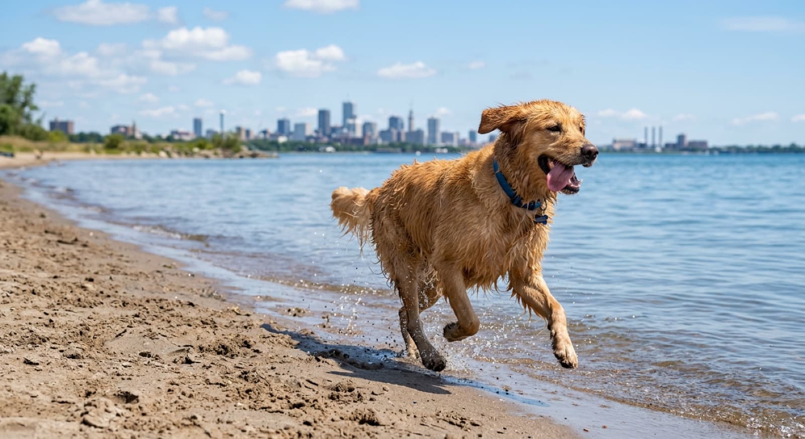 A dog on the sandy off-leash beach at Cherry Beach on Lake Ontario in Toronto