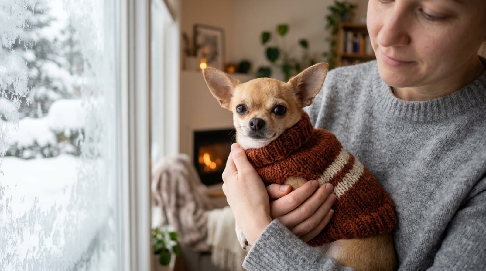 A Chihuahua in a warm sweater held by a person indoors in Saskatoon in winter