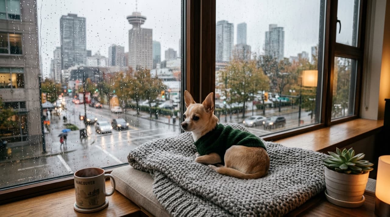 A small tan chihuahua wearing a sweater sitting beside a person at an outdoor adoption event in a Vancouver park