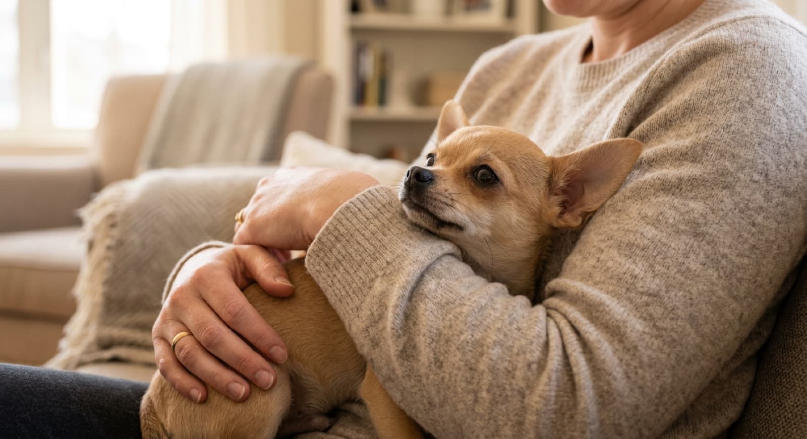 A long-coat Chihuahua curled against its owner's sweater on a Calgary couch, eyes half-closed, showing the breed's velcro one-person bond and warmth-seeking habit