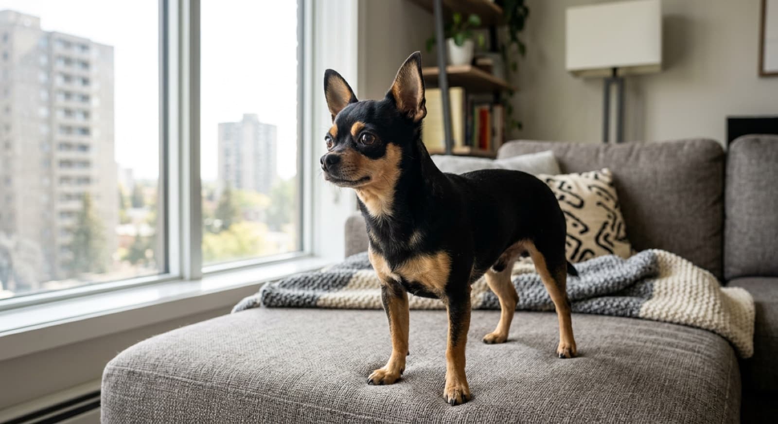 An alert short-coat Chihuahua standing on a Calgary apartment couch with ears up, watching the front door, showing the breed's confident watchdog posture