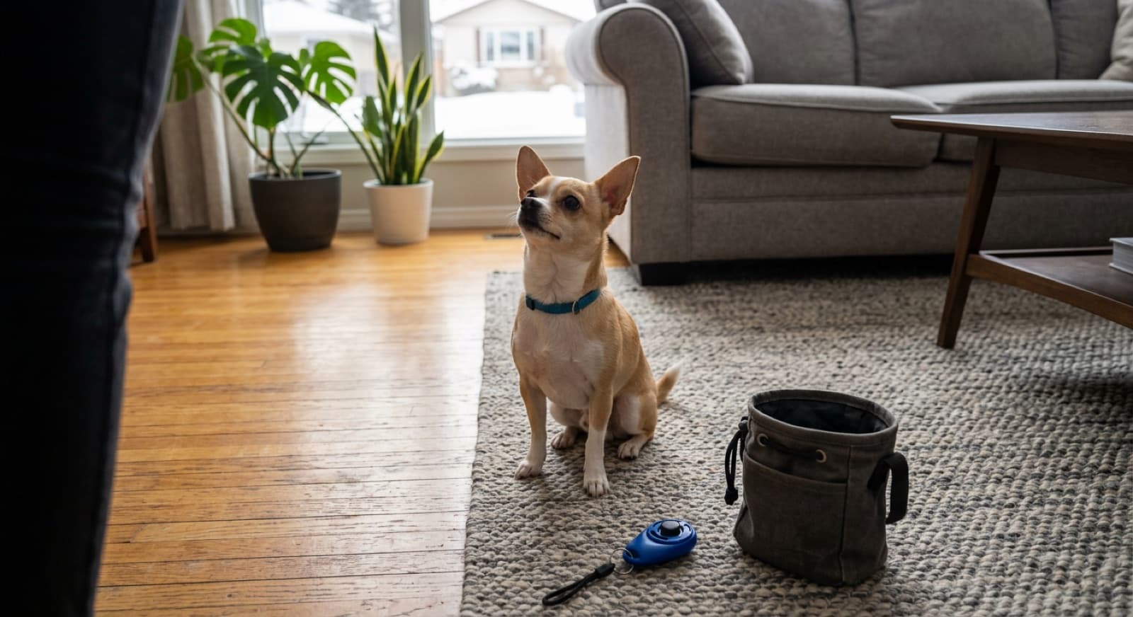 A Chihuahua training session in a Calgary living room, with the dog calmly taking a high-value treat from an open hand at floor level, demonstrating consent-based handling and counter-conditioning