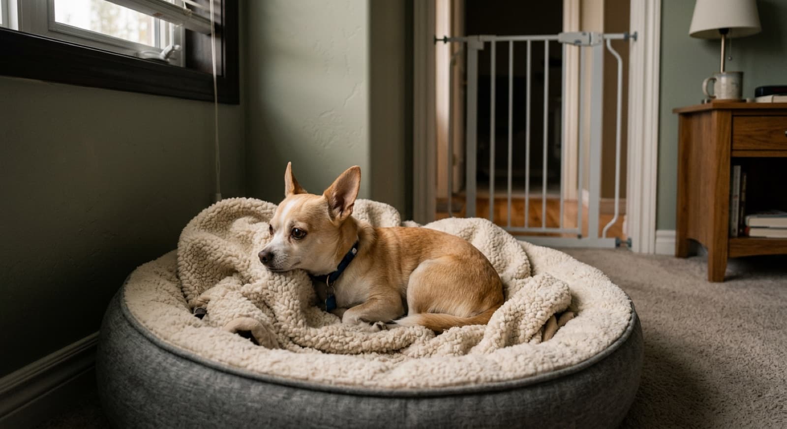 A small rescue Chihuahua wrapped in a soft fleece blanket on a Calgary couch during the first week of decompression
