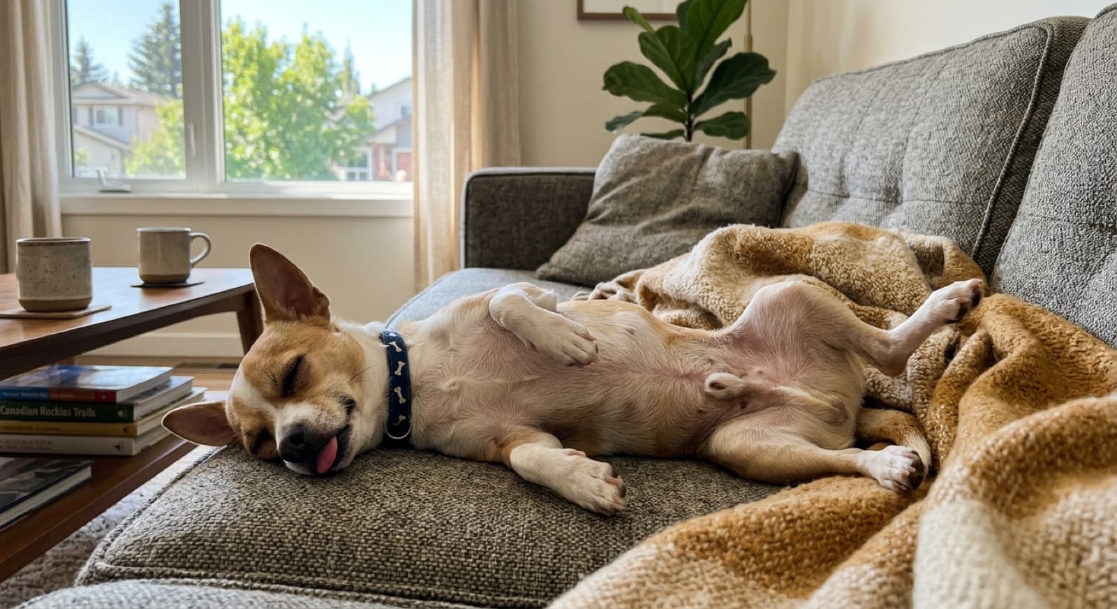 Rescue Chihuahua curled up in a fleece sweater on a chosen person’s lap weeks after Calgary adoption