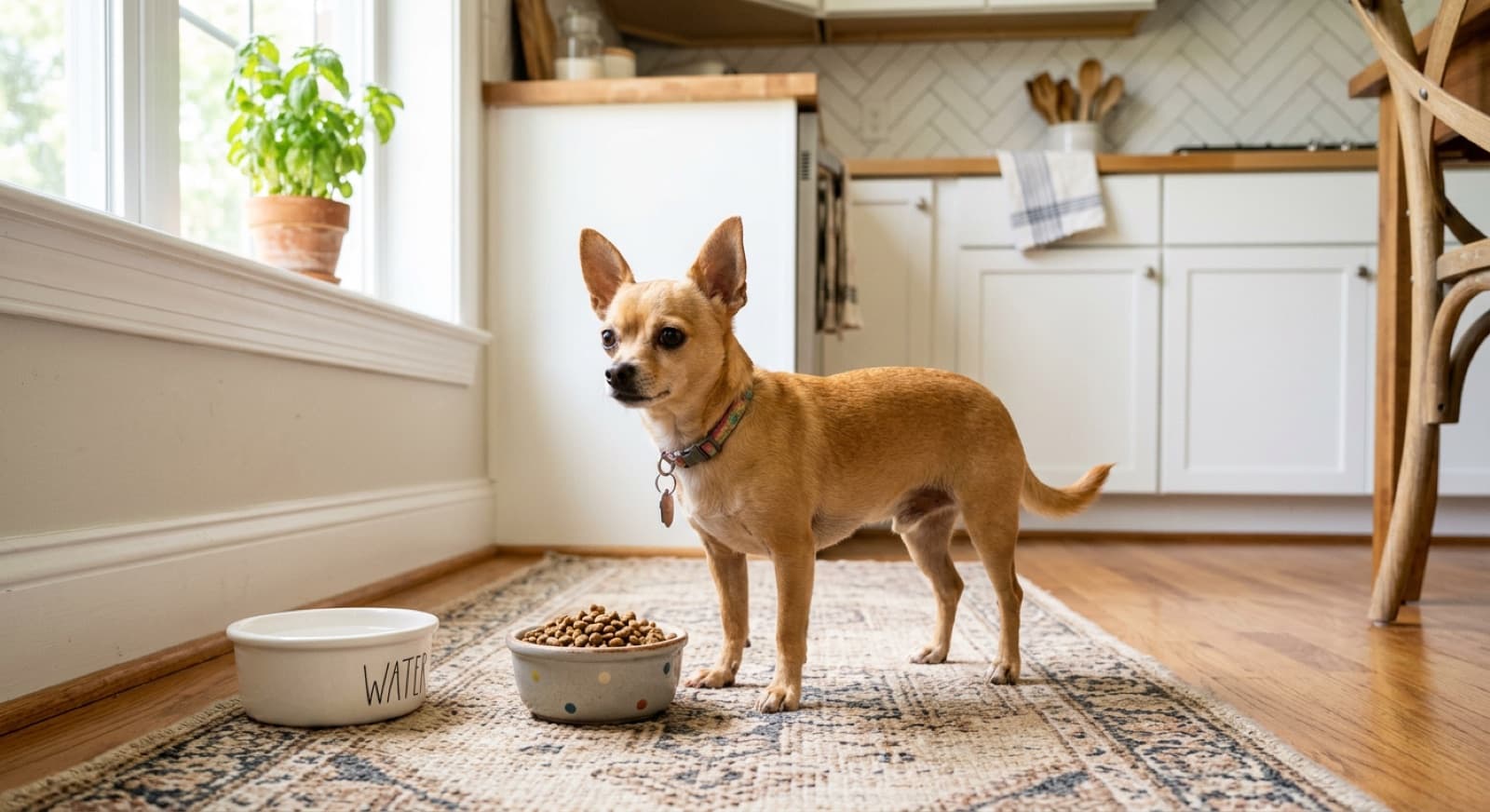 Chihuahua standing beside a small bowl of kibble in a bright home kitchen
