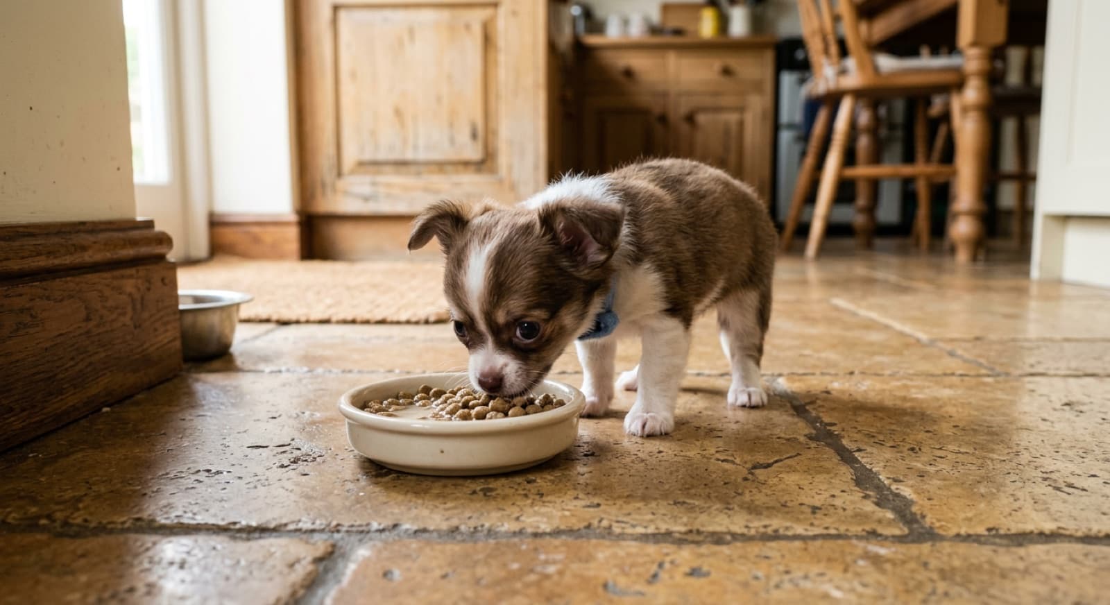 Chihuahua puppy eating from a small shallow bowl on a home kitchen floor