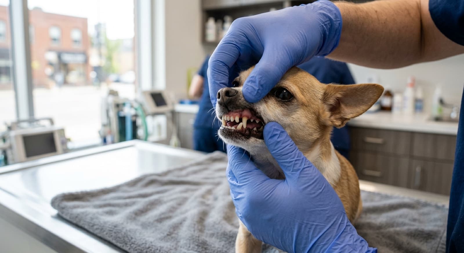 Close-up of a Calgary Chihuahua getting a dental exam showing the overcrowded teeth typical of the breed
