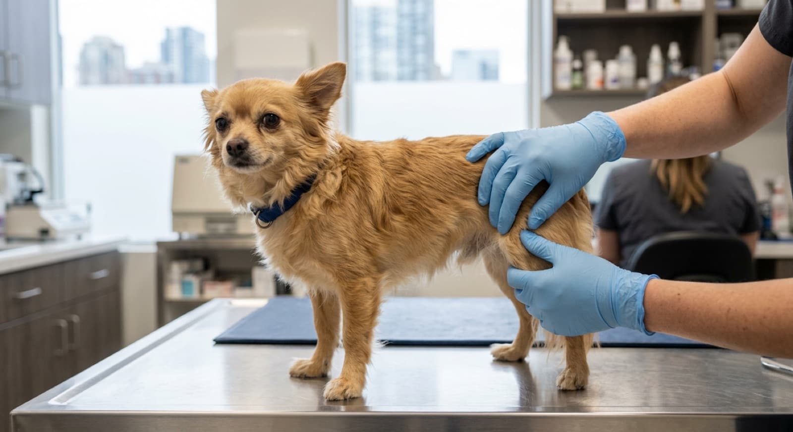 Calgary Chihuahua at a vet exam being checked for patellar luxation and dental disease