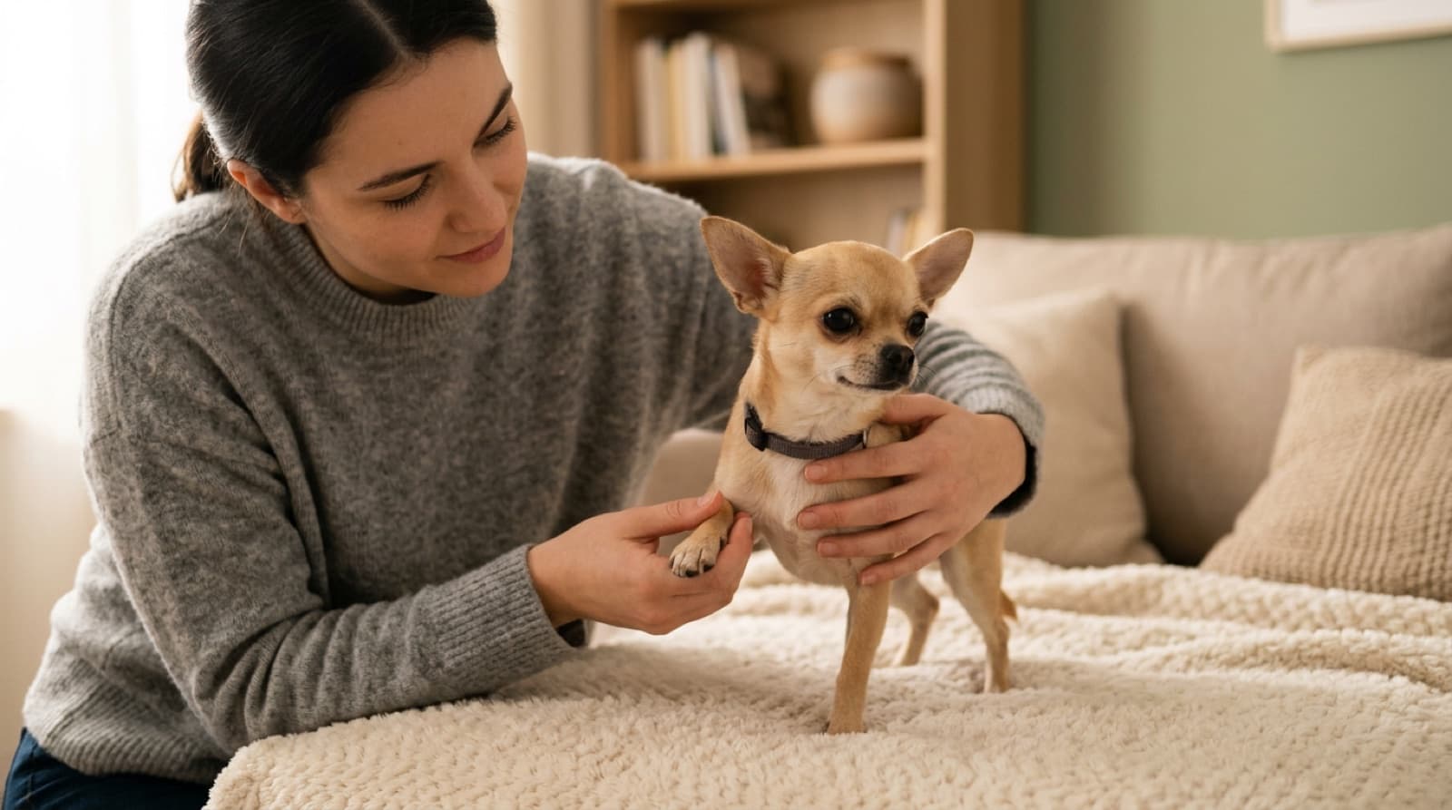 A small Chihuahua being gently examined by a person at home in Saskatoon