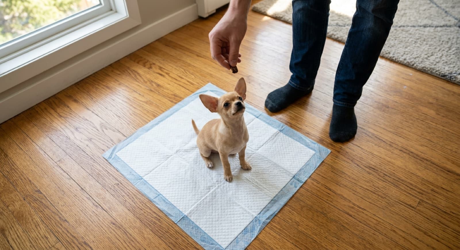 A small adult Chihuahua standing near a doorway in a Calgary home, looking up at its owner, illustrating the subtle signals Chihuahuas use when they need to potty