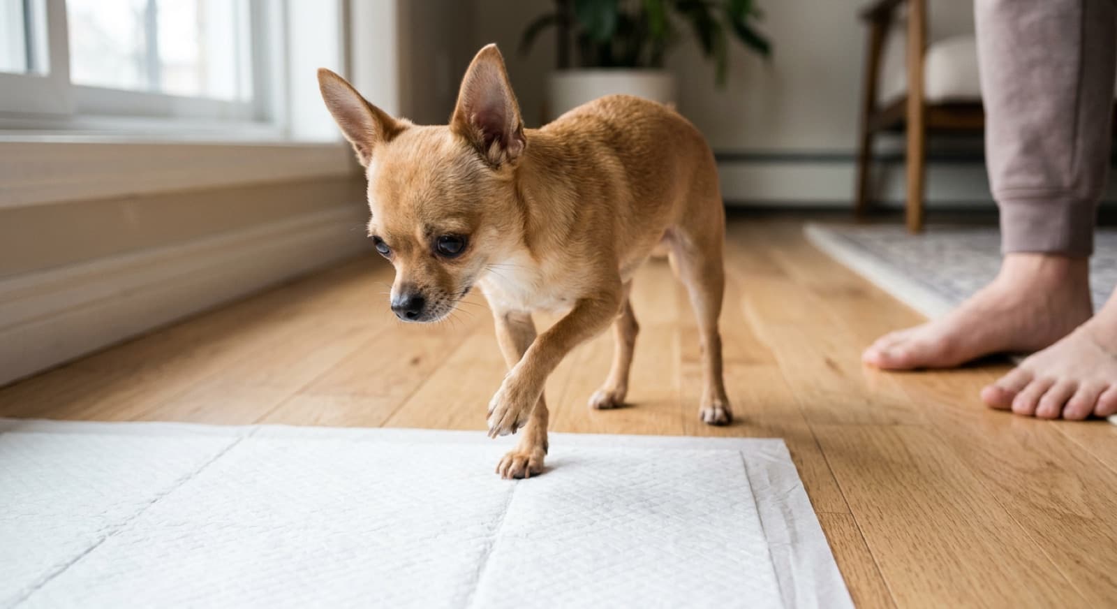 A small Chihuahua standing on a fresh pee pad in a Calgary apartment, with a treat being offered as a reward for using the pad correctly