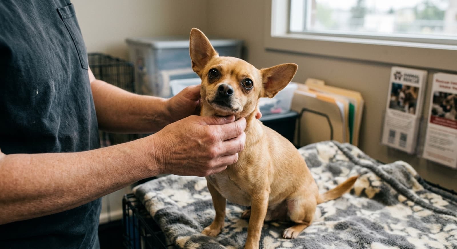 An adult Chihuahua sitting alert on a Calgary living room couch, showing the breed's small size and big personality