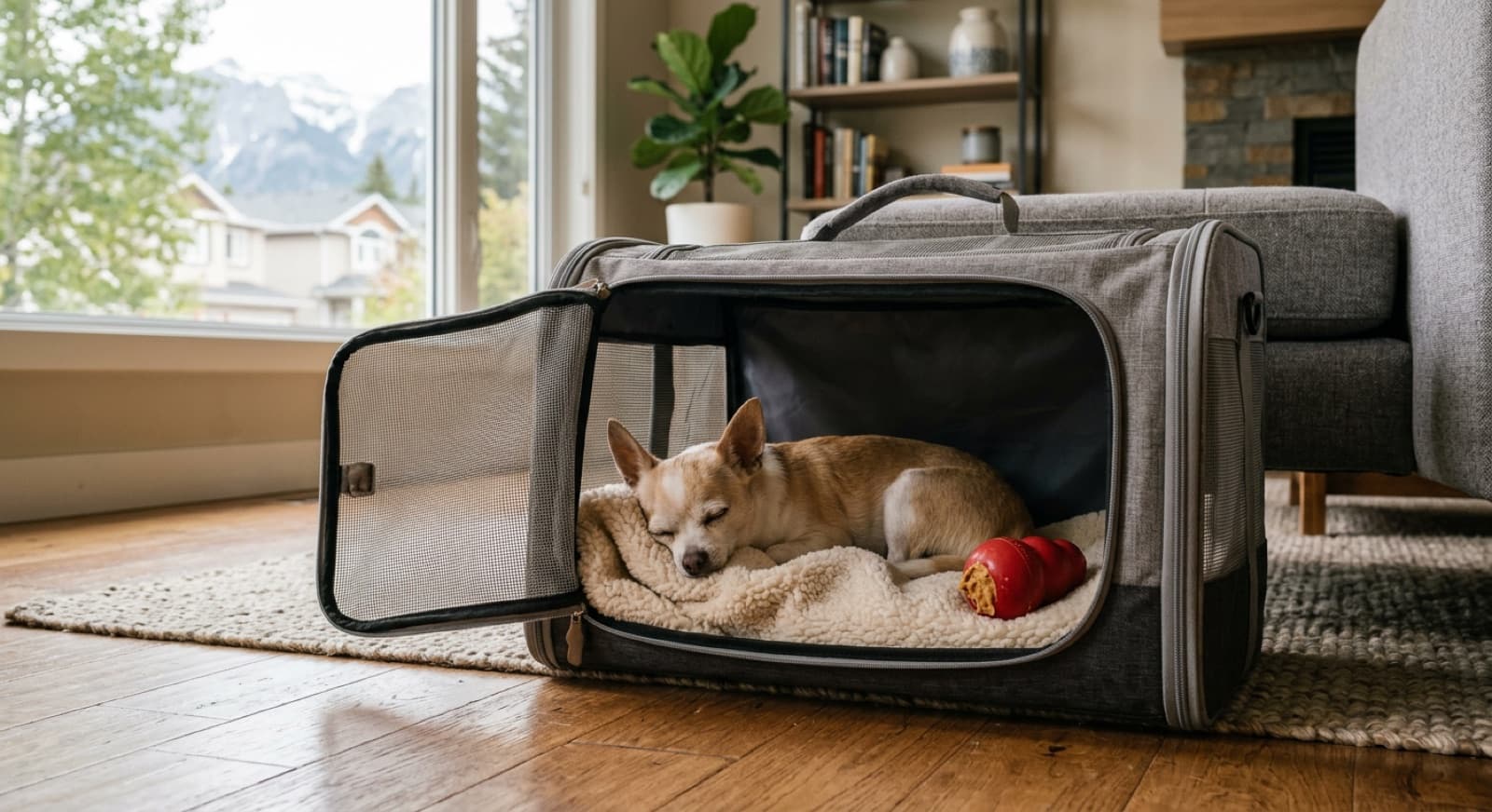 A small Chihuahua resting in an open crate with a cozy blanket and a chew toy, showing positive crate conditioning for separation anxiety