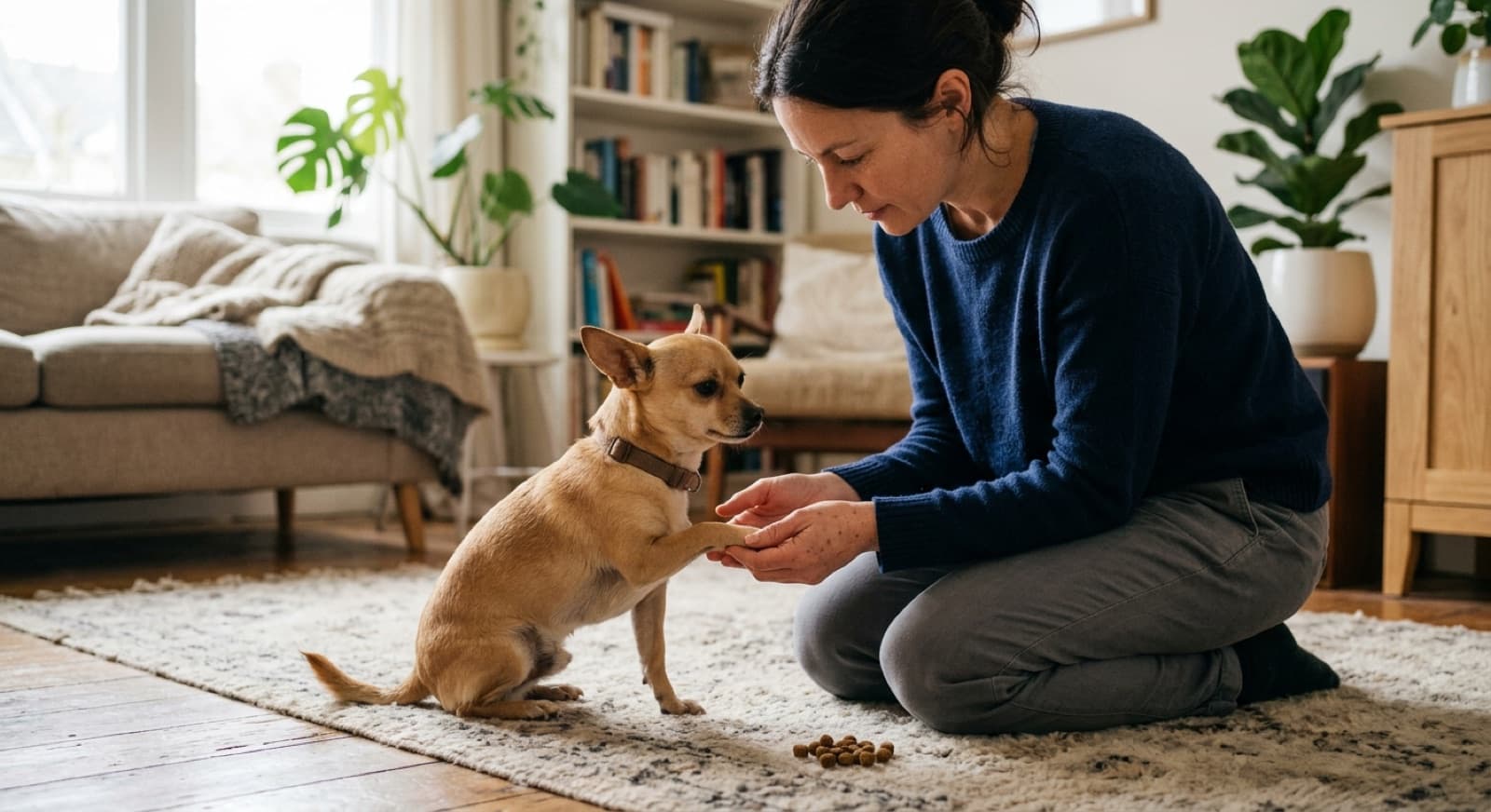 A person kneeling on a living room rug gently holding the front paw of a small tan chihuahua, with training treats on the floor beside them