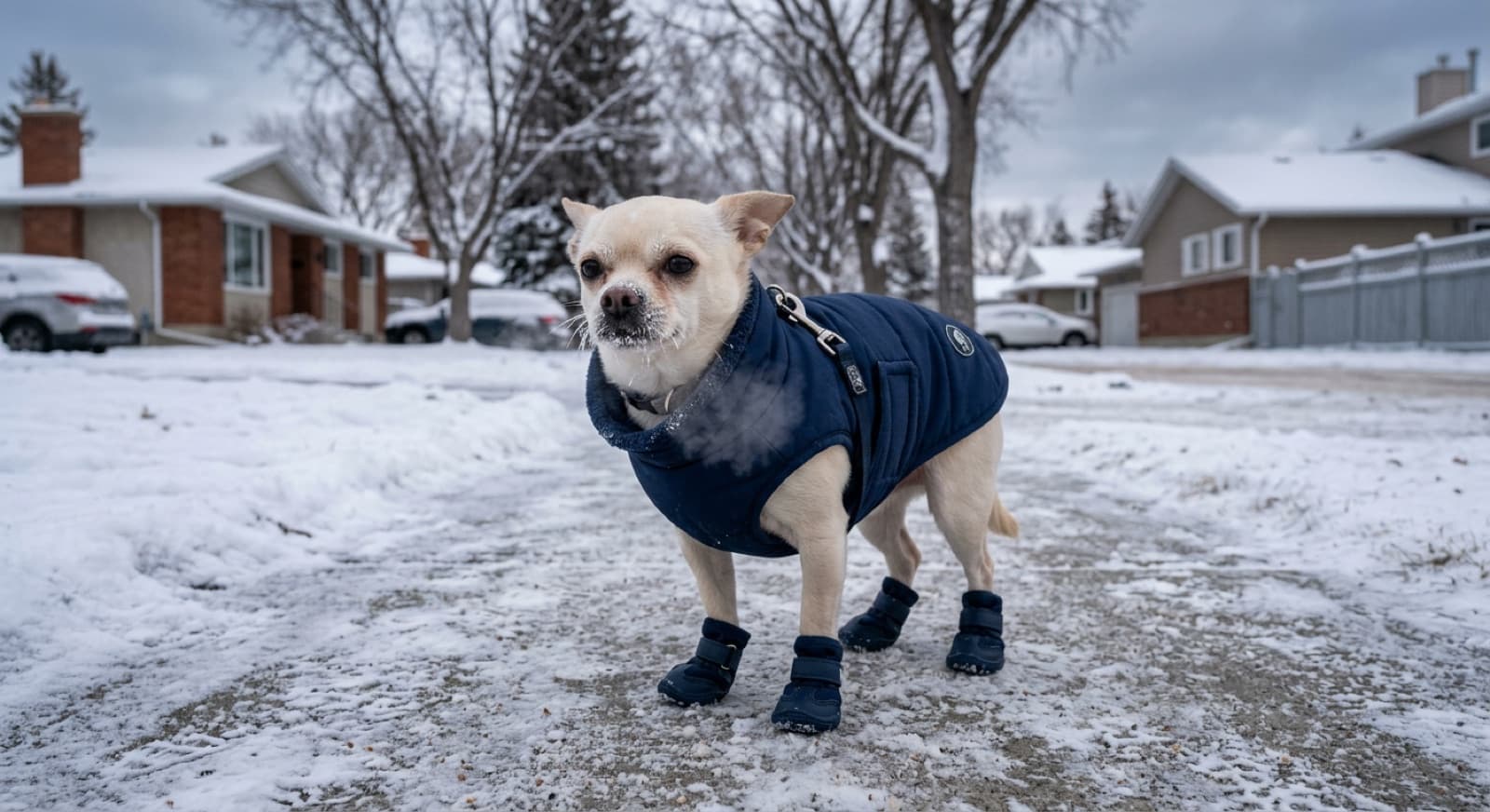 A small short-coat Chihuahua wearing an insulated coat and booties standing on a snowy Edmonton sidewalk during a winter cold snap