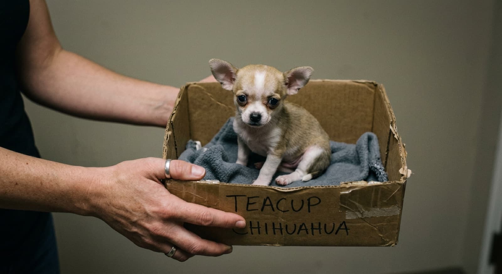 A Chihuahua being fitted into an insulated winter coat covering chest, belly, and neck for Calgary cold weather