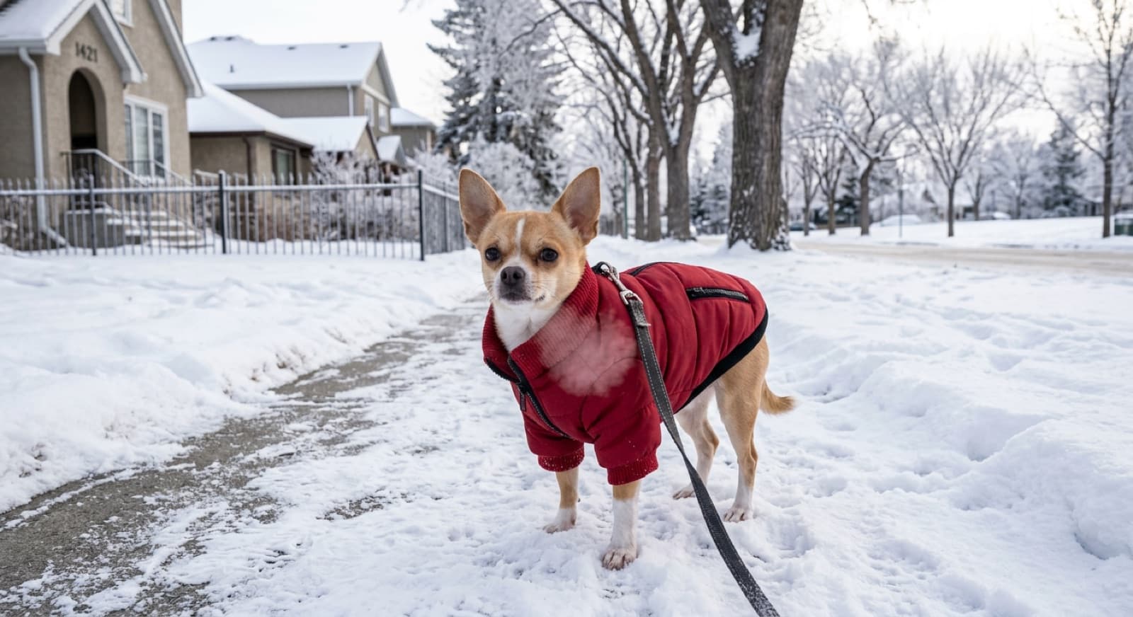 A small short-coat Chihuahua wearing an insulated coat and booties standing on a snowy Calgary sidewalk in winter