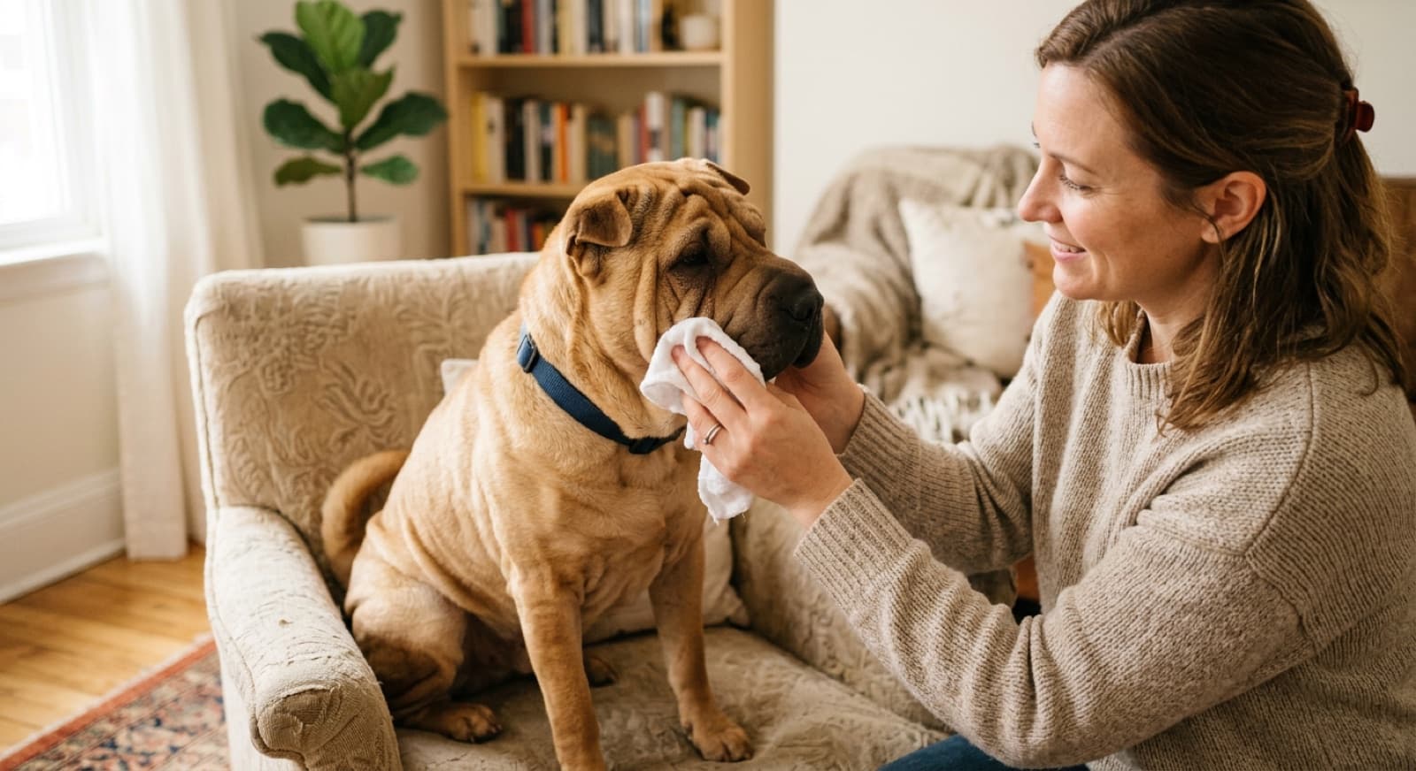 A Chinese Shar-Pei having its facial wrinkles gently wiped and dried by its owner in a bright Calgary home