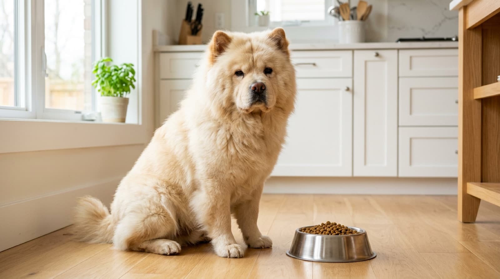Chow Chow beside a bowl of food in a bright home kitchen