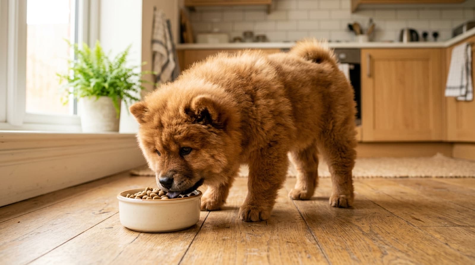 Chow Chow puppy eating from a bowl on a home kitchen floor