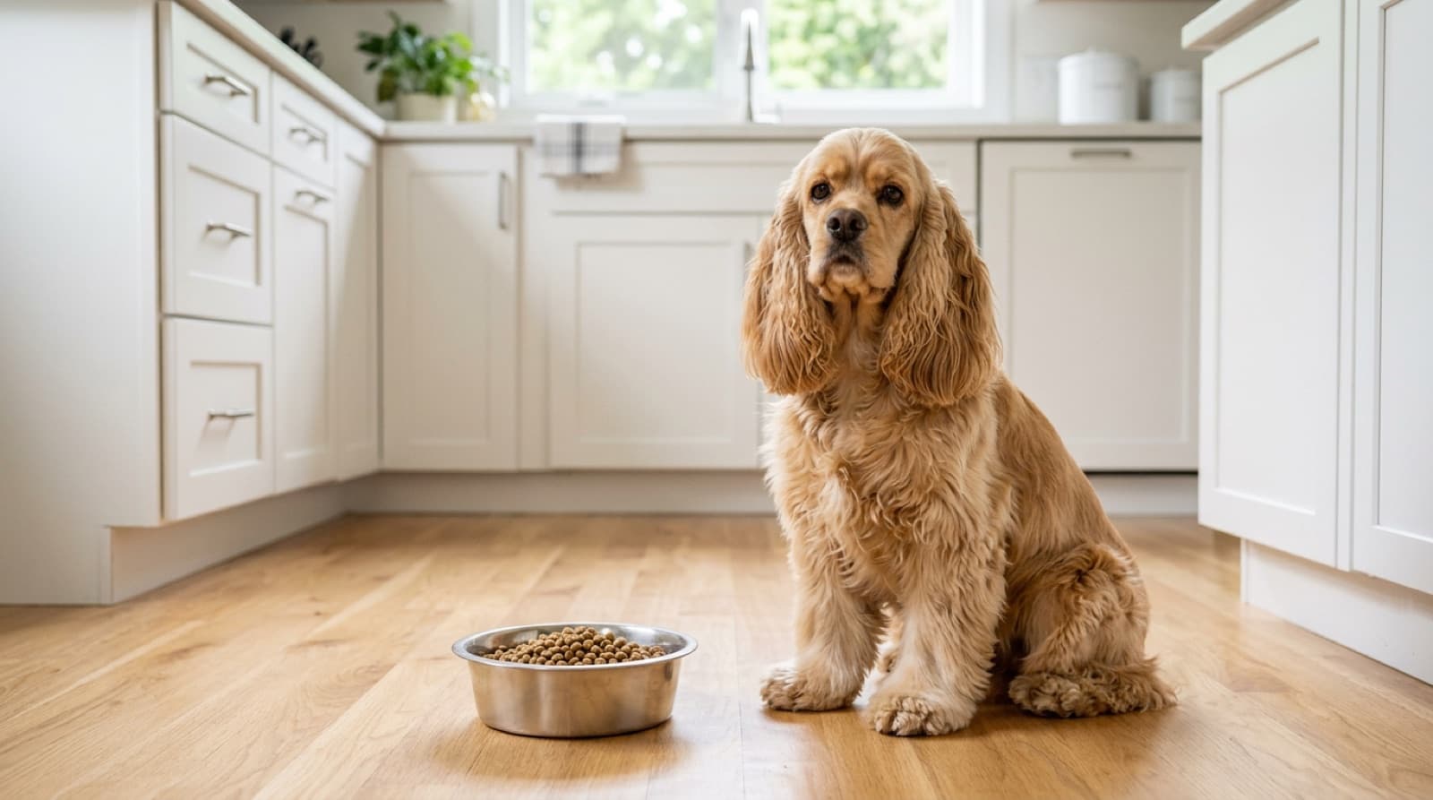 Cocker Spaniel sitting beside a bowl of kibble in a bright home kitchen