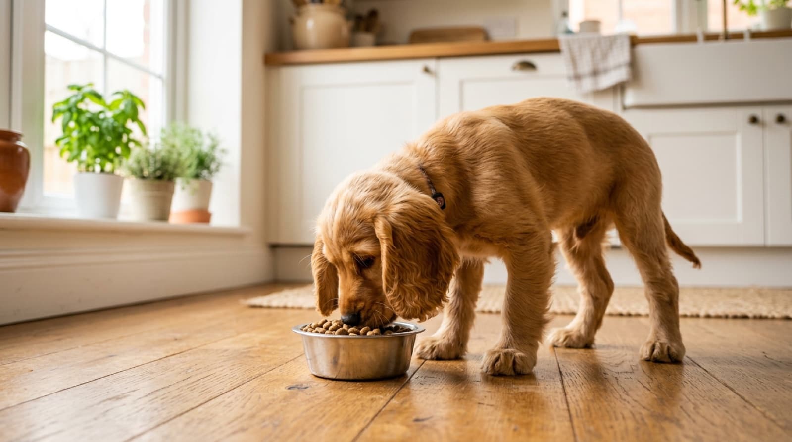 Cocker Spaniel puppy eating from a bowl on a home kitchen floor