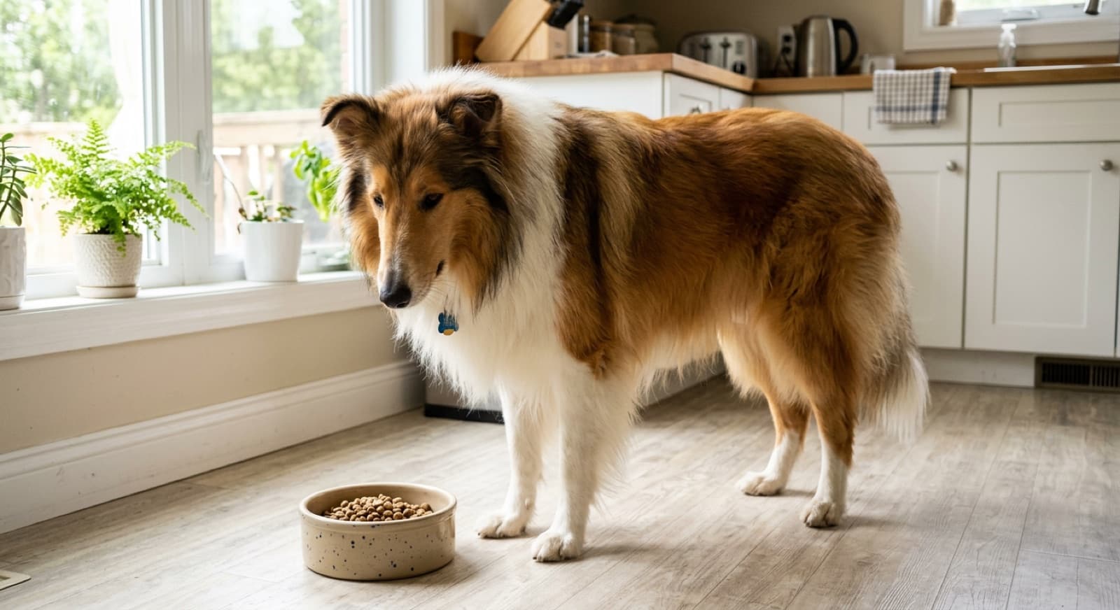 Rough Collie standing beside a bowl of kibble in a bright home kitchen
