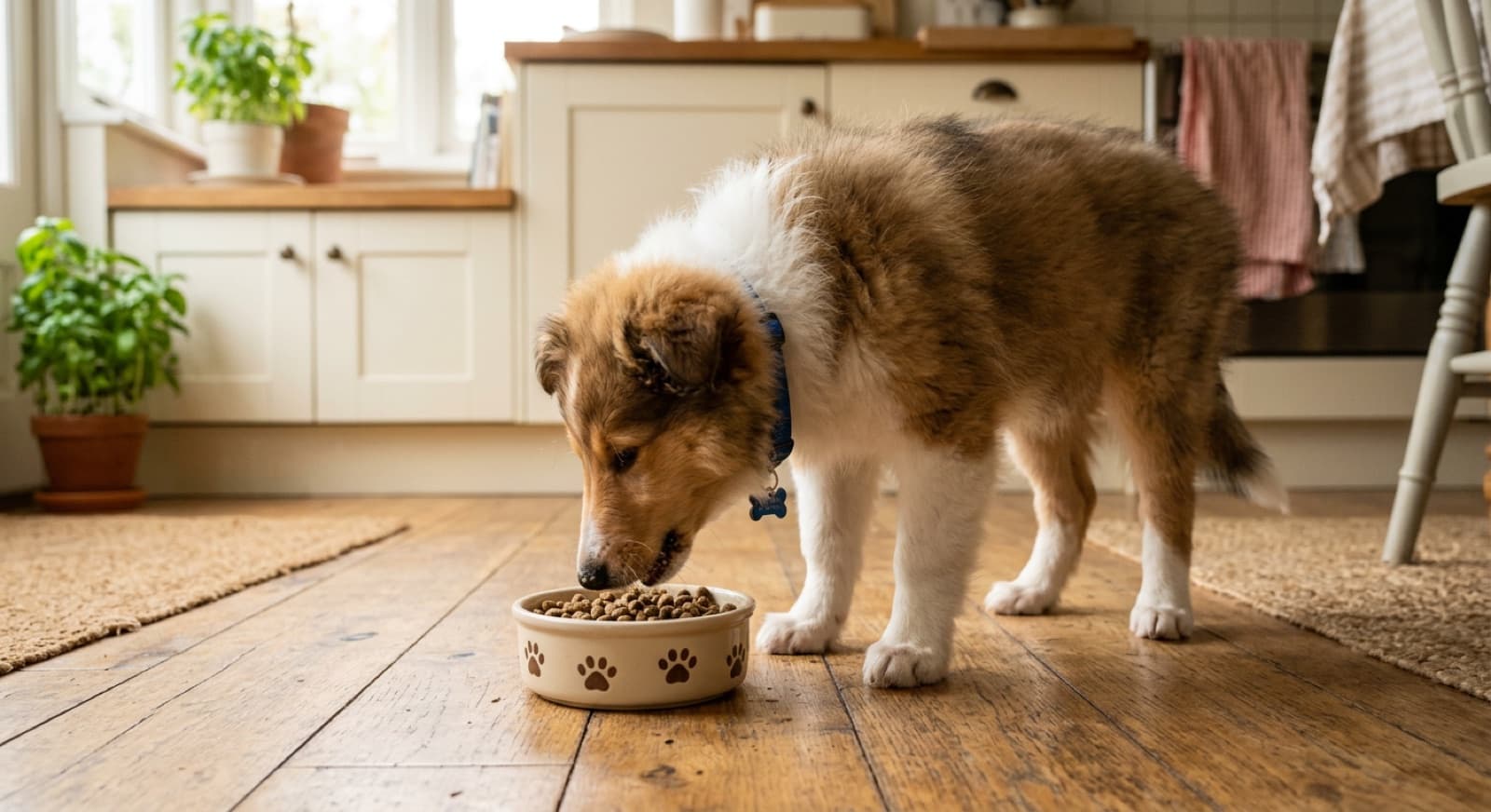 Rough Collie puppy eating from a bowl on a home kitchen floor