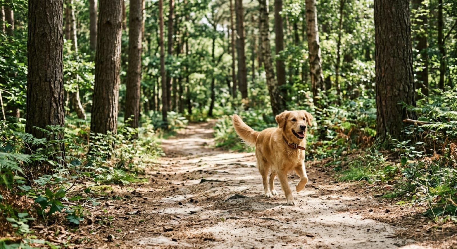 A dog on a forested off-leash trail at Conroy Pit in Ottawa's Greenbelt