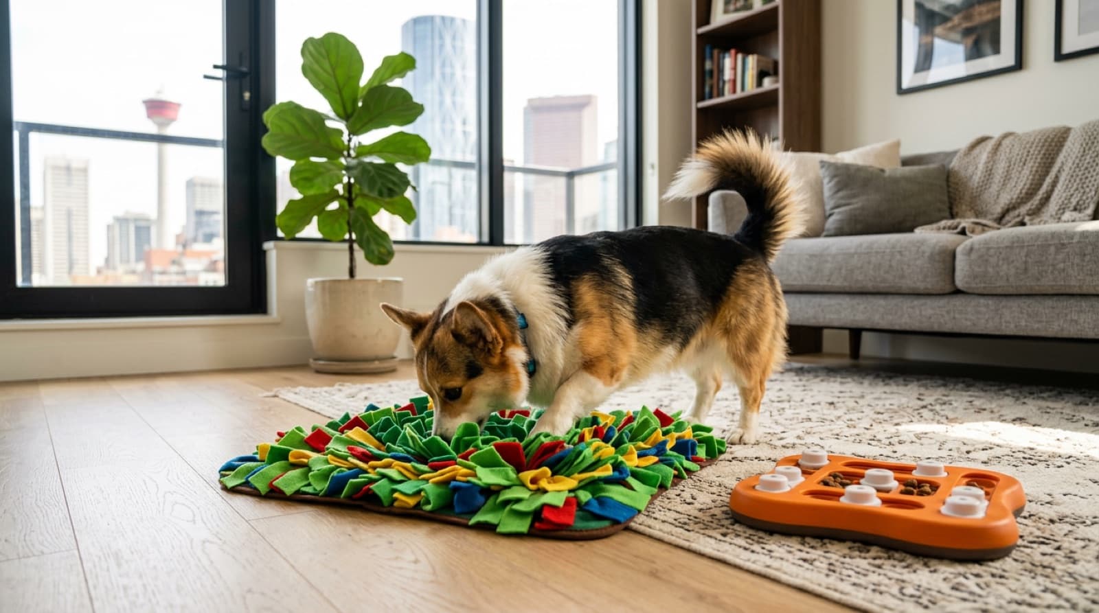 Pembroke Welsh Corgi engaged with a snuffle mat and food puzzle in a Calgary downtown apartment living room, demonstrating indoor mental enrichment that reduces barking from boredom