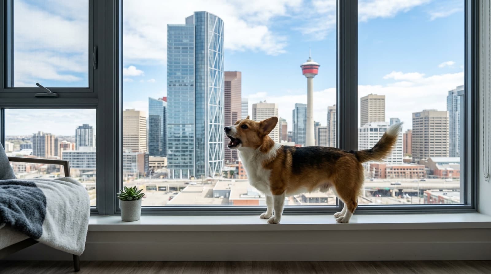 A Pembroke Welsh Corgi mid-bark while looking out a Calgary downtown apartment window, with the Calgary skyline visible in background, illustrating the breed's vocal alarm barking tendency in apartment settings