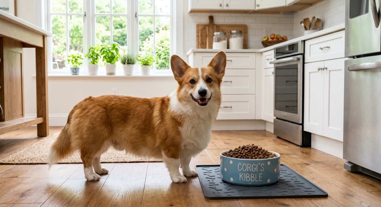 Pembroke Welsh Corgi standing beside a bowl of kibble in a bright home kitchen
