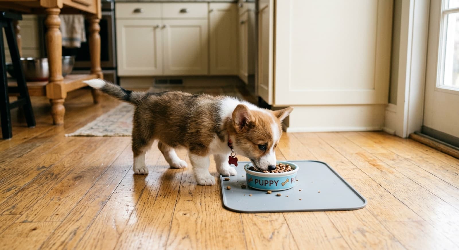 Corgi puppy eating from a bowl on a home kitchen floor
