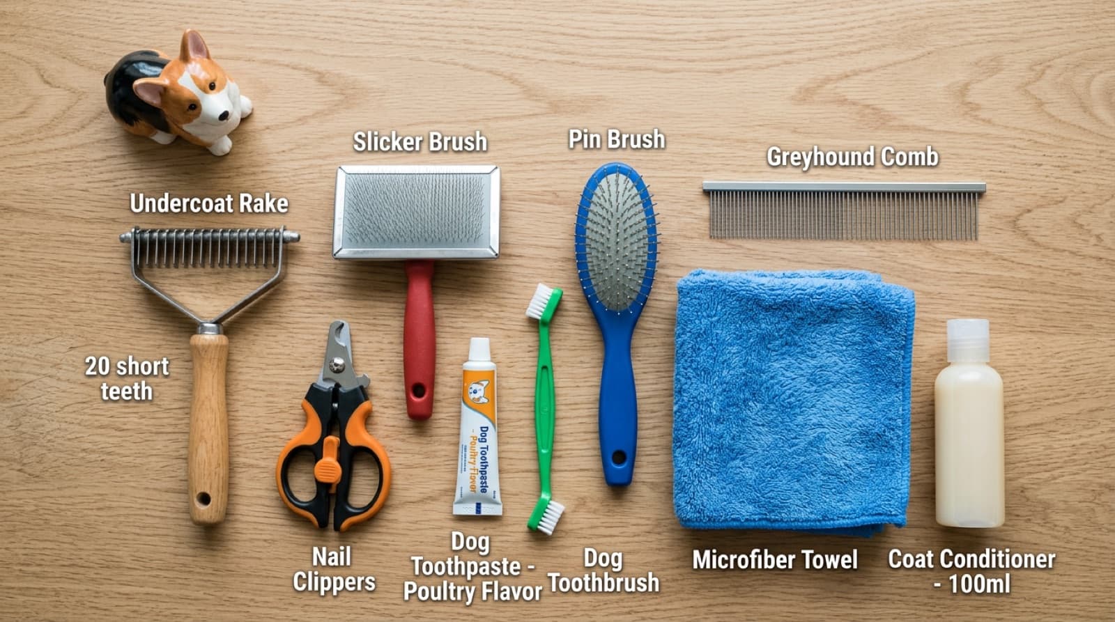 Flat-lay arrangement of Corgi grooming tools including undercoat rake, slicker brush, pin brush, greyhound metal comb, nail clippers, and dog toothbrush, with Pembroke Welsh Corgi looking calmly at the tools