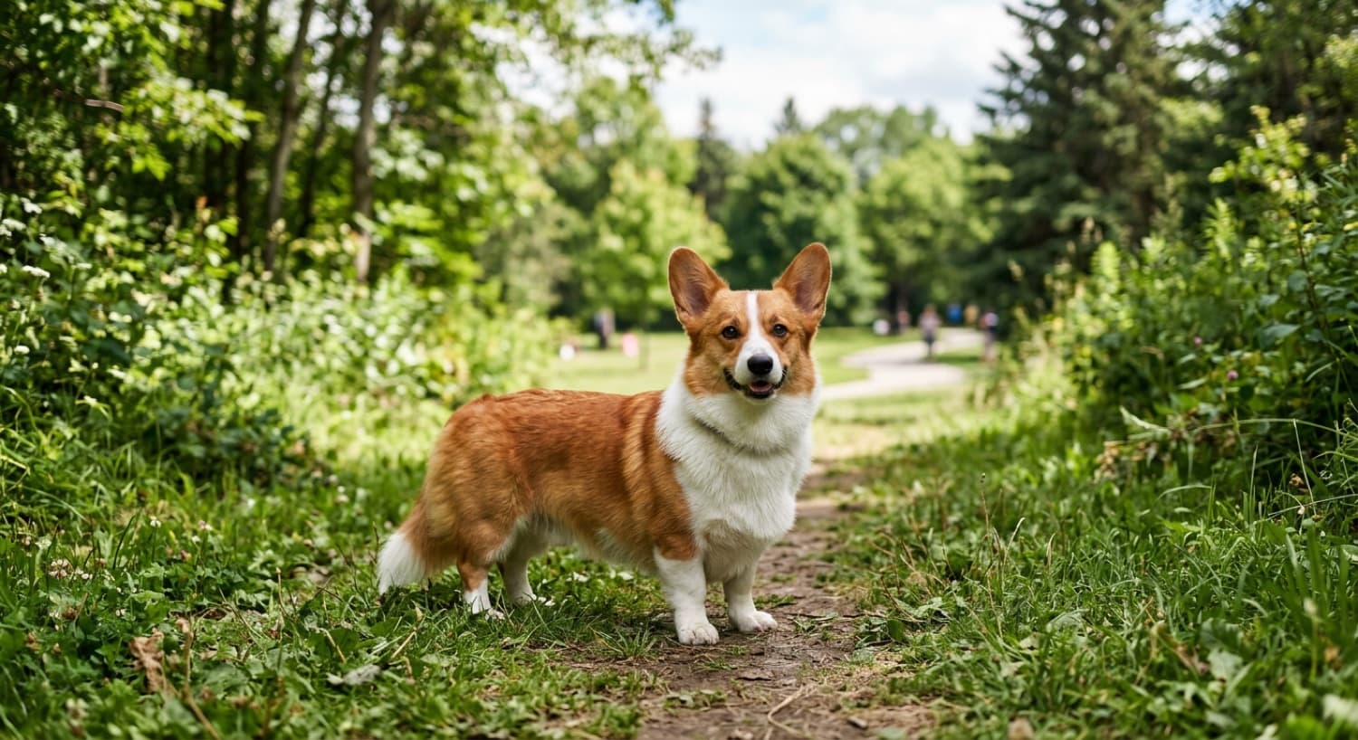 A healthy lean adult Pembroke Welsh Corgi on a green Toronto trail