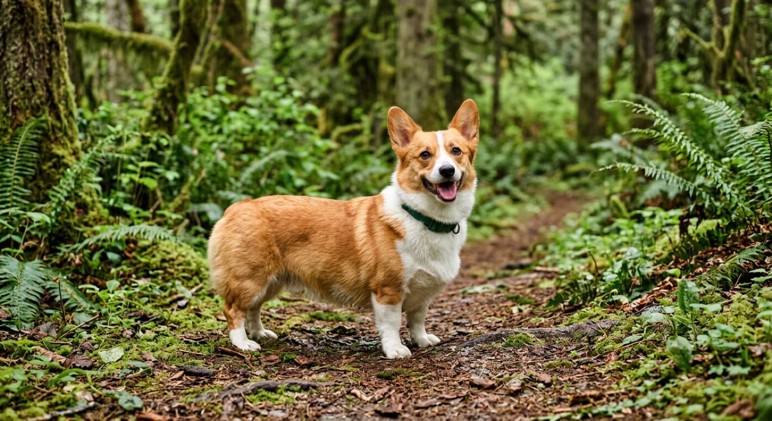 A healthy lean adult Pembroke Welsh Corgi on a green Vancouver trail