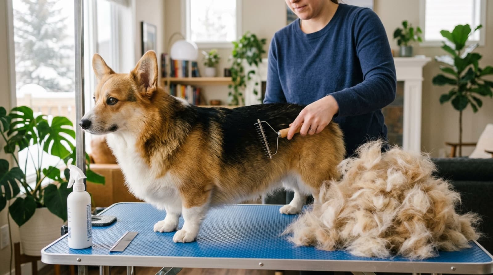 A Pembroke Welsh Corgi being brushed with an undercoat rake showing dramatic amount of loose undercoat fur during spring coat blow season, demonstrating the breed's heavy shedding reality