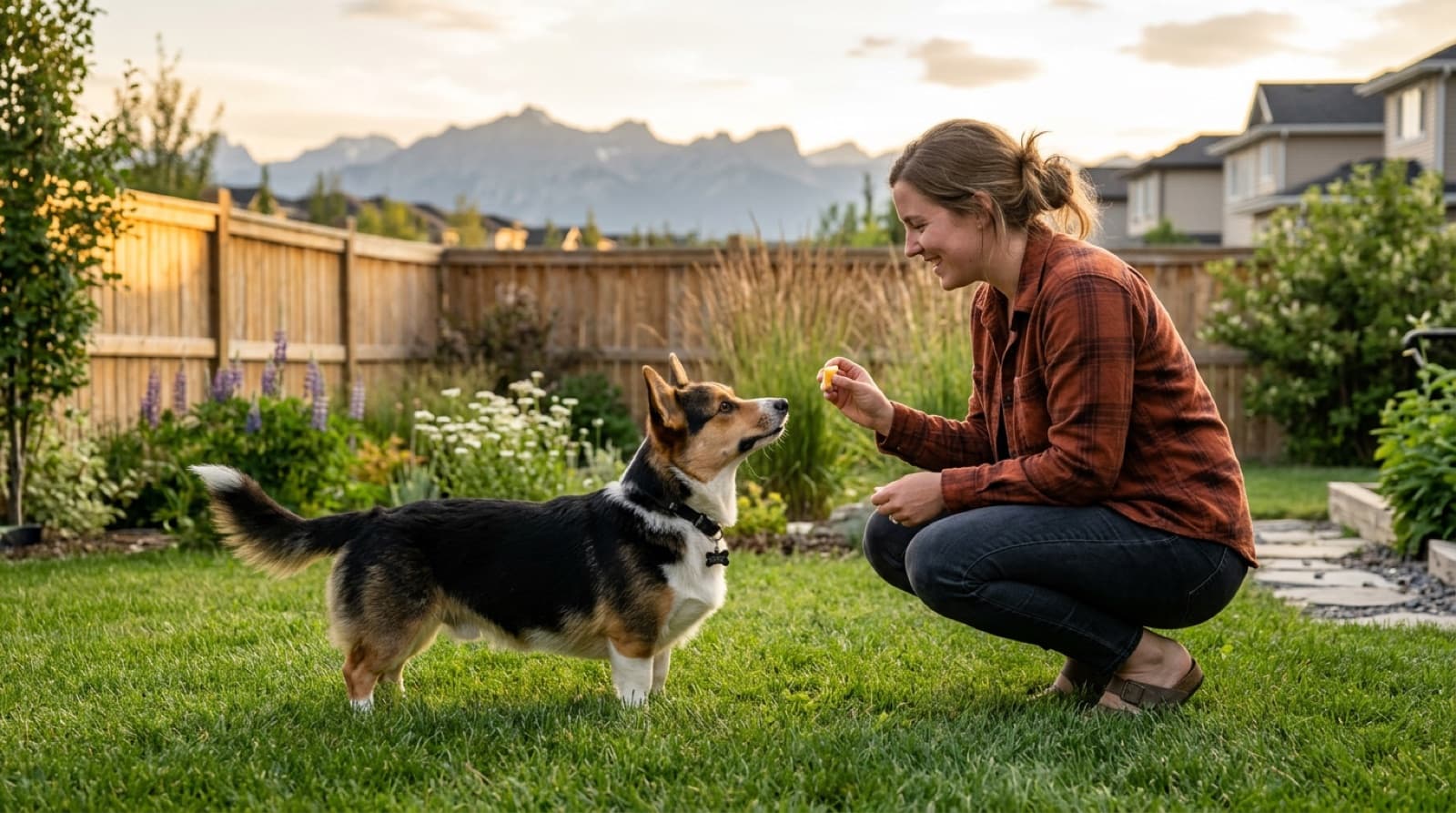 A Pembroke Welsh Corgi making focused eye contact with owner during a force-free training session in a Calgary suburban backyard, with high-value treats visible in owner's hand