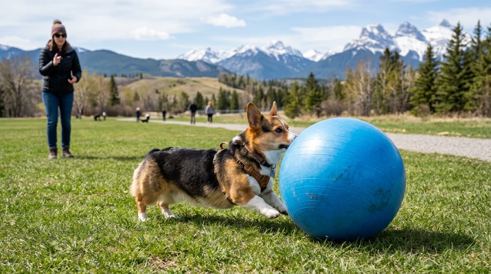 Corgi enthusiastically pushing a large exercise ball during a treibball training session, demonstrating appropriate herding drive redirect activity in a Calgary park setting