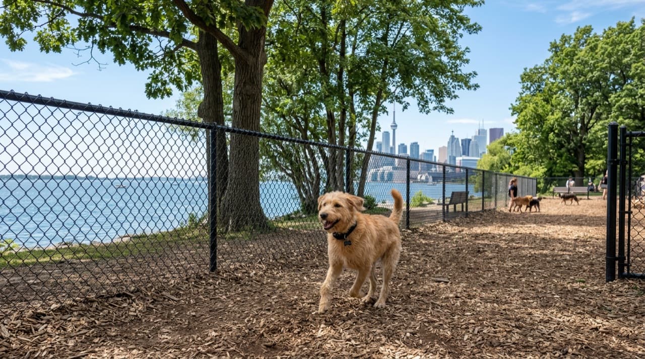 Dogs in the fenced waterfront off-leash enclosure at Coronation Park, Toronto, with Lake Ontario beyond the fence
