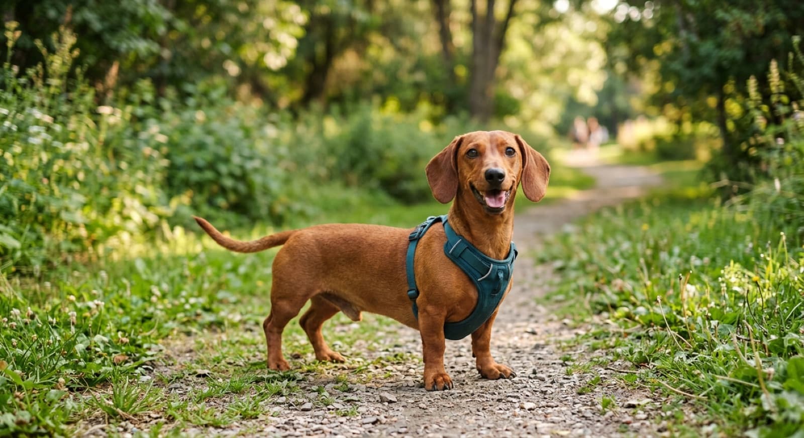 An adoptable Dachshund on a leash in a Toronto park
