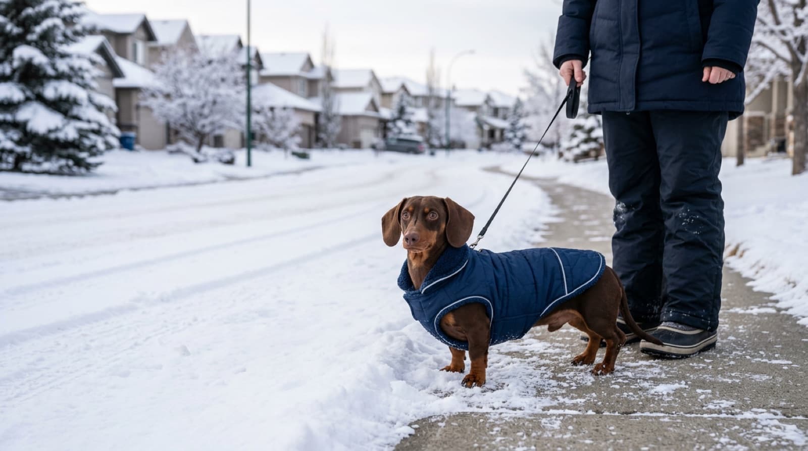 A Dachshund in a warm coat standing in the snow beside a person on a Winnipeg street
