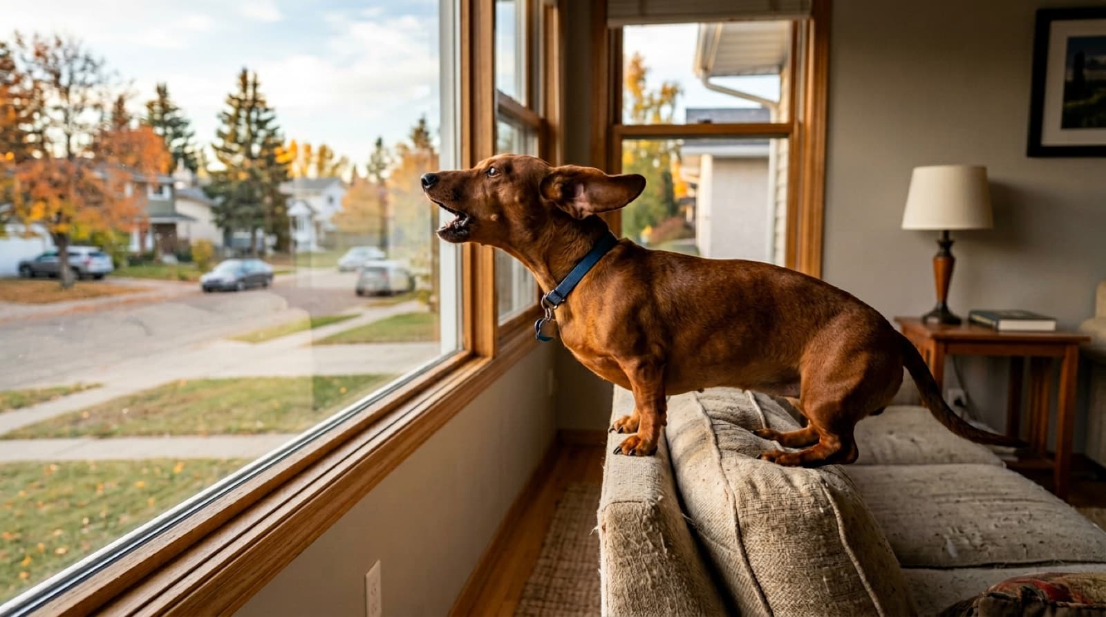 An alert red smooth-haired Dachshund standing on a Edmonton living room couch and barking at something visible through the front window, illustrating the breed's hardwired vocal alert behaviour