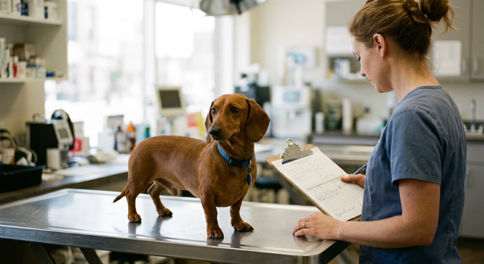 A Dachshund being examined on a stainless steel exam table in a Calgary veterinary clinic, illustrating routine vet costs and IVDD assessment