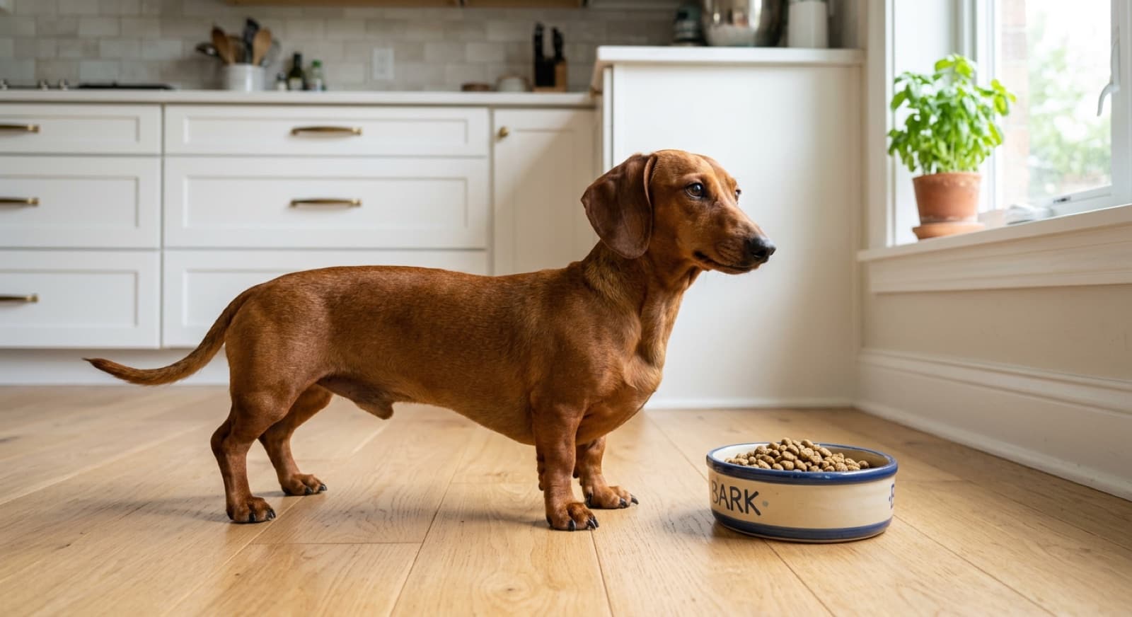 Dachshund standing beside a bowl of kibble in a bright home kitchen