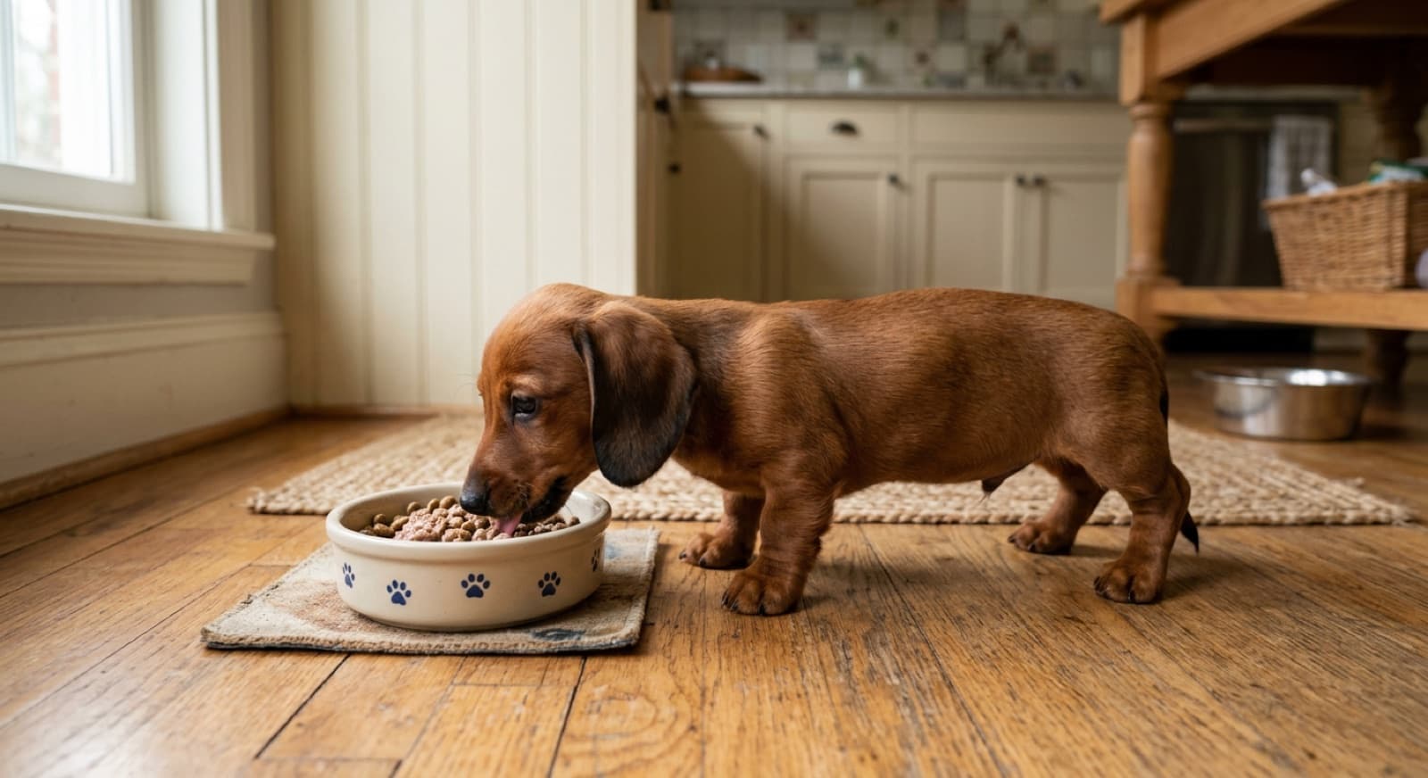 Dachshund puppy eating from a bowl on a home kitchen floor