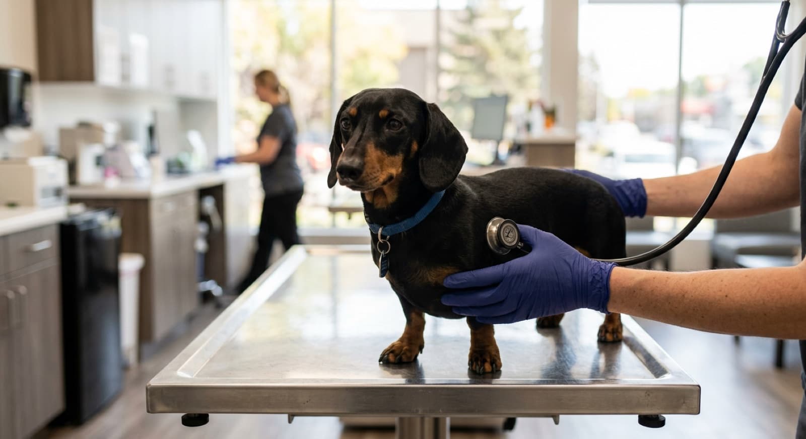 Calgary Dachshund being supported with two-hand back-safe lift technique for IVDD prevention