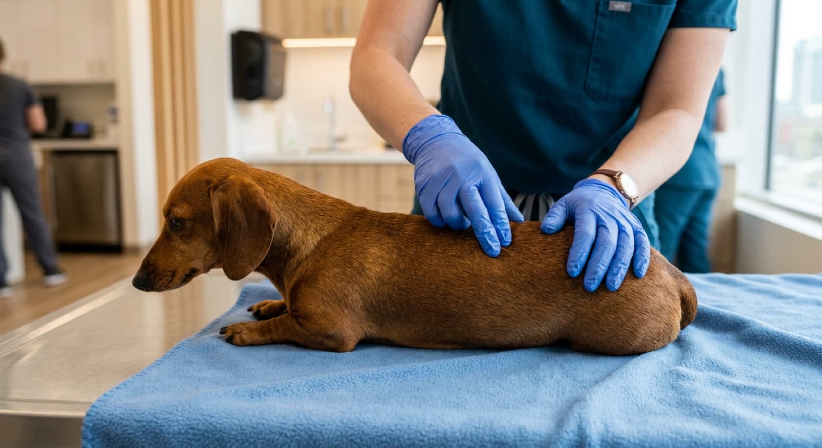 Calgary Dachshund on a vet exam table getting a spinal palpation check for IVDD signs