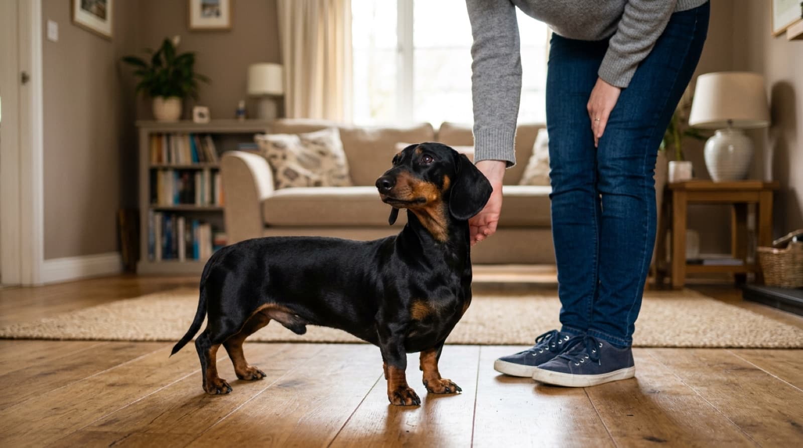 A lean, healthy Dachshund standing beside a person at home in Saskatoon